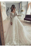 Ball Gown Illusion Long Sleeves Wedding Dress With Appliques PCNBK148