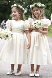 Vintage Juliet Sleeves Tea Length Round Neck Satin Flower Girl Dresses, Little Dresses STI15606