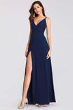 Sexy V Neck Long Spaghetti Straps Mermaid Navy Blue Prom Dresses with High Split STI15366