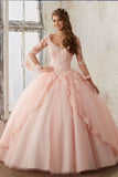 2024 V Neck Quinceanera Dresses Ball Gown Long Sleeves Tulle PZNRP2BC