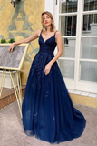 Elegant V Neck Appliques Long Prom Dresses Spaghetti Straps Evening STIP37YZLFA