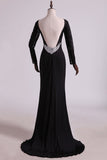 2024 Open Back Bateau Prom Dresses Sheath Spandex Black With P23G4AYB