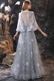 A-Line V-Neck Backless Grey Long Prom Dress With shawl