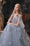 A-Line V-Neck Backless Grey Long Prom Dress With shawl