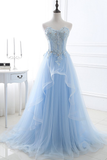 Off-the-Shoulder Backless Sky Blue Prom Dress with Appliques