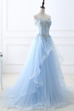 Off-the-Shoulder Backless Sky Blue Prom Dress with Appliques