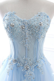 Off-the-Shoulder Backless Sky Blue Prom Dress with Appliques