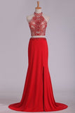 2024 Prom Dresses See-Through High Neck Two Pieces Spandex With Slit P329CABQ