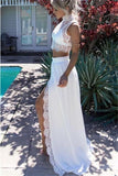 2 Pieces High Neck Long White Lace Chiffon Elegant PN7RFZ57