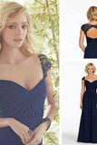 Newest Navy Blue Chiffon Lace Long Prom Dresses P8KD1CRY