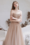 A-line Strapless Starlight Princess Champagne Prom Dress Long Evening Dress