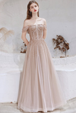 A-line Strapless Starlight Princess Champagne Prom Dress Long Evening Dress