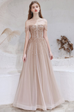 A-line Strapless Starlight Princess Champagne Prom Dress Long Evening Dress