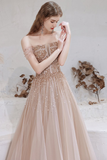 A-line Strapless Starlight Princess Champagne Prom Dress Long Evening Dress