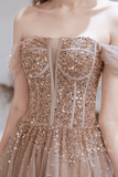 A-line Strapless Starlight Princess Champagne Prom Dress Long Evening Dress