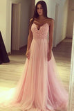 Spaghetti Straps Long A-Line Pink Lace Tulle Elegant Prom Dresses PYTQKFF6