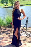 Sheath Long Black Front Split Simple Cheap Prom Dresses PHCC4YKF