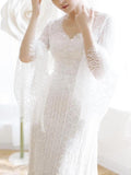 Unique V Neck Lace-up Mermaid Back Bridal Dresses Ivory Lace Trumpet Sleeve Wedding Dresses STI15469