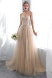 A-line Strapless Champagne Prom Dress Appliques Long Evening Dress