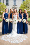 Charming Halter Neck Blue Pleated Long Bridesmaid Dresses, Wedding Party Dresses STI15099