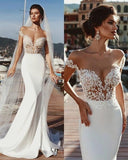 Stunning Mermaid Cap Sleeve Sheer Neck Long Wedding Dresses Beach Wedding Gowns STI15437