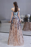 Off-the-Shoulder Prom Dress Champagne Lace Sequin Evening Dress