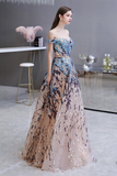 Off-the-Shoulder Prom Dress Champagne Lace Sequin Evening Dress