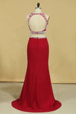 2024 Red Two Pieces Column Scoop Prom Dresses Burgundy Chiffon & Tulle With Beads PGY69K99