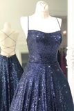 Long Navy Blue Sequin Prom Dress