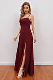 Burgundy Spaghetti Straps Long Bridesmaid Dress with Split