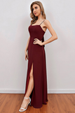 Burgundy Spaghetti Straps Long Bridesmaid Dress with Split