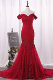 2024 Off The Shoulder Mermaid Evening Dresses Tulle With Applique And Ruffles PLCNZYYG