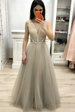 Deep V Neck Sleeveless Floor Length Prom Dress With Beading A Line Tulle Long STIPDHY22YC