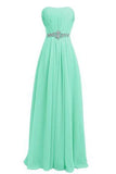 Cheap Classy Mint A-line Strapless Beading Chiffon Sleeveless Pleat Long Prom Dresses