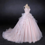 Ball Gown Strapless Sweetheart Wedding Dresses with Lace Applique, Tulle Prom Dresses STI15070