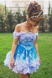 Cute Off the Shoulder Blue Lace Appliques Short Prom Gowns, Cute Homecoming Dresses STI15135