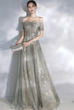 Off-the-Shoulder Prom Dress Glitter Grey Evening Dress