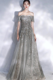 Off-the-Shoulder Prom Dress Glitter Grey Evening Dress