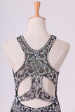 2024 Black Scoop Mermaid Beaded Bodice Open Back Prom Dresses Satin Floor P6Z636X8