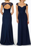 Newest Navy Blue Chiffon Lace Long Prom Dresses P8KD1CRY