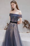 Off-the-Shoulder Prom Dress Navy Blue Evening Dress