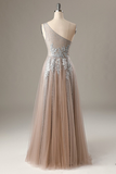 One Shoulder Long Grey Prom Dress Beaded Evening Dress