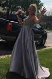 Modest Long A-Line Beading Satin Open Back Prom Dresses PYFZGPRR