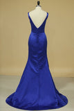 2024 Bateau Open Back Evening Dresses Mermaid Satin With PMCDT8FY