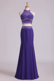 2024 Prom Dresses Halter Two-Piece Beaded Bodice Mermaid Open Back Spandex & Tulle Floor P3PXEPXJ