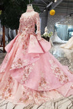 2024 New Prom Dresses Long Sleeves Ball Gown High Neck With Applique&Beads Lace PJFCBB91