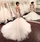 Stunning Mermaid Strapless Sweetheart Tulle Wedding Dresses with Appliques, Wedding Gowns STI15439