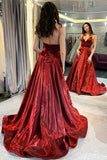 Shiny Spaghetti Straps Burgundy V neck Satin Prom Dresses, Cheap Dance STI20478