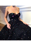 Elegant A Line Sweetheart Strapless Black Tulle Prom Dresses With STIPT11F6GE