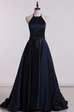 2024 Satin Prom Dresses Halter A Line Beaded PGSYRQCN